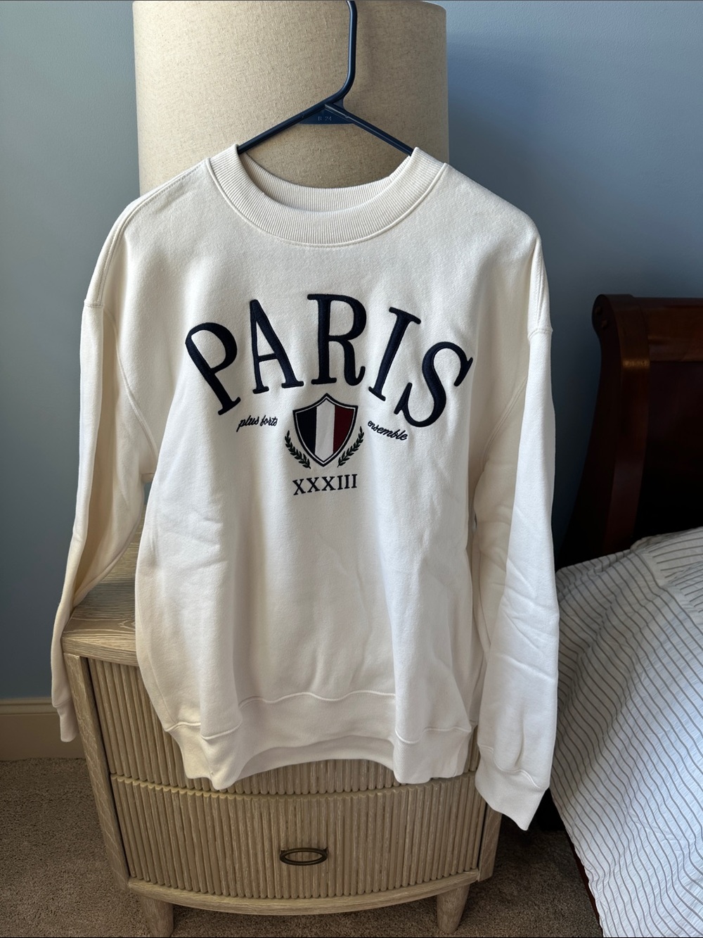 Hollister White Crewneck Sweatshirt with Navy Paris Crest